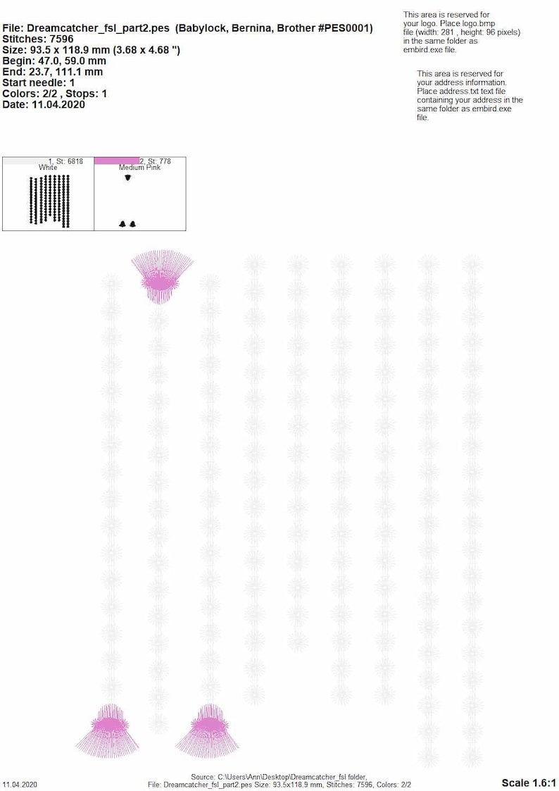 May include: A digital embroidery design of a dreamcatcher with white and pink thread. The design is 93.5 mm by 118.9 mm and has 7596 stitches.