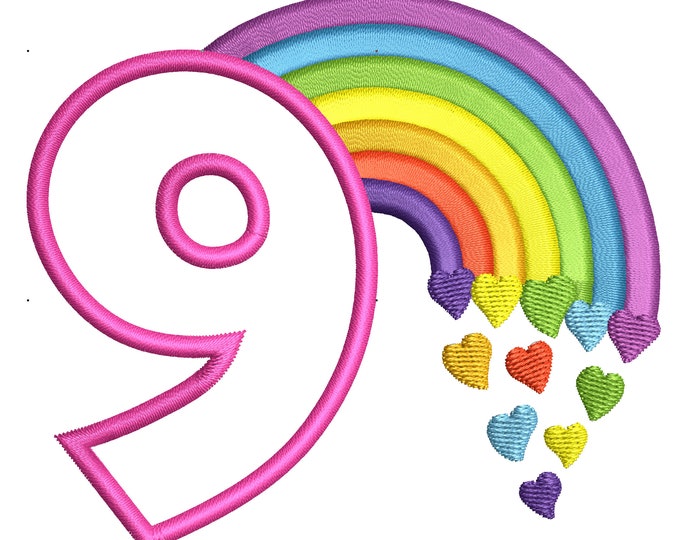 Cute Rainbow Birthday Number 9 NINE  machine embroidery applique designs size 4, 5, 6 and 7 inches, rainbow baby birthday number 9