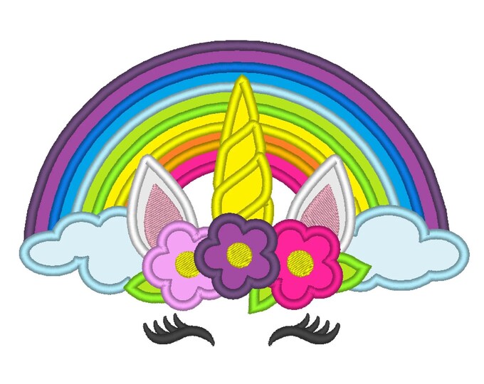 Floral Unicorn with Rainbow and Cloud Applique machine embroidery designs Rainbow Unicorn pretty eyes kids girls design
