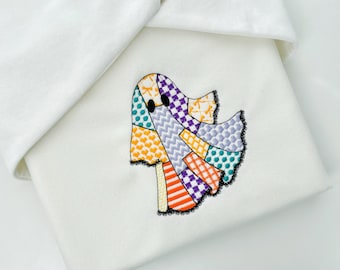 Halloween Ghost patchwork patterned dress lace edge machine embroidery designs sizes 4 up to 5.5 inch kids baby girls scary spooky design