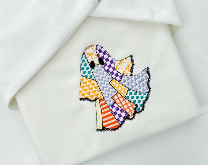 Halloween Ghost patchwork patterned dress lace edge machine embroidery designs sizes 4 up to 5.5 inch kids baby girls scary spooky design