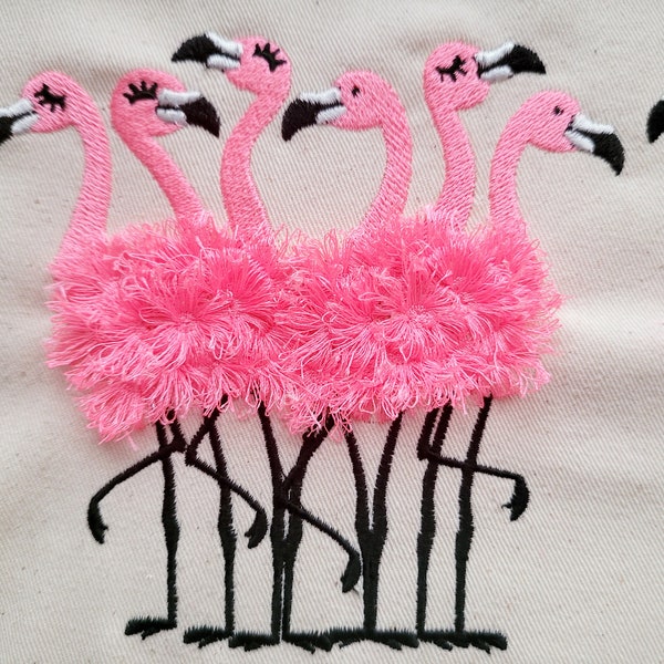 6 Flauschige Chenille Flamingos mit Fransen, 6 Flamingos Stickmaschine Stickdatei flamingo für Stickrahmen 13x18, 6x10