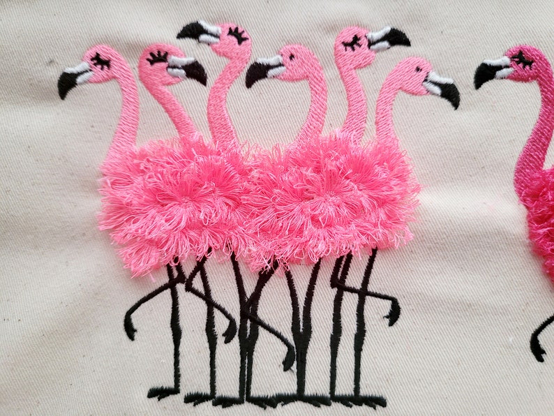 6 Fringed fluffy chenille Flamingos, flock of 6 flamingos machine embroidery designs flamingo for hoop  5x7, 6x10 fringe fur flamingo design by Artapli embroidery format PES HUS JEF EXP DST VIP VP3 XXX instant download