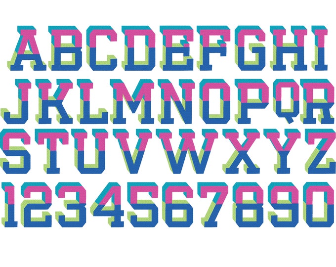 Block Varsity collegiate split multicolored font fill stitch 4 color Font machine embroidery designs alphabet size 1.5 up to 5.7 inches