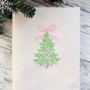 Vintage Baby bow Christmas tree Woodland Spruce Fir Tree and garland lights, light stitch outline machine embroidery designs 4, 5, 6, 7, 8in