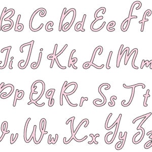 May include: A complete alphabet in uppercase and lowercase, rendered in a delicate, cursive font. The letters are outlined in a soft pink with a white fill, set against a clean white background. Ideal for crafting or design projects.