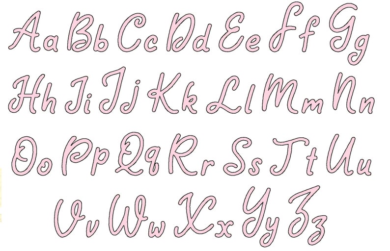 May include: A complete alphabet in uppercase and lowercase, rendered in a delicate, cursive font. The letters are outlined in a soft pink with a white fill, set against a clean white background. Ideal for crafting or design projects.