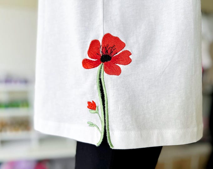 Single Poppy Flower side bow split seam machine embroidery designs girls floral outfit t-shirt sweatshirt flowered Poppy stem assorted sizes