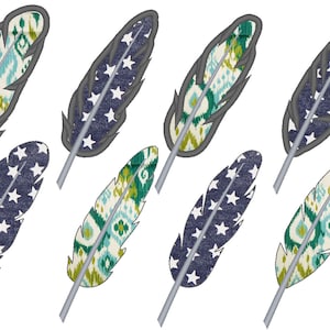 Plumas, diseños de bordado de máquina de apliques de 4 tipos de una sola pluma en múltiples tamaños 4, 5, 6, 7 pulgadas Conjunto de 4 apliques de plumas