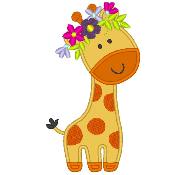 Motifs de broderie machine Girafe avec applique couronne de fleurs 5, 6, 7, 8 pouces petite girafe avec fleurs enfants bébé mignon appliqué