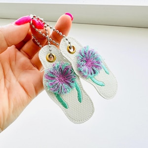 Fluffy Fringed Flip Flops Eyelet and Key Fob Snap Tab in the hoop machine embroidery designs ITH summer beach keychain tag kids gift idea