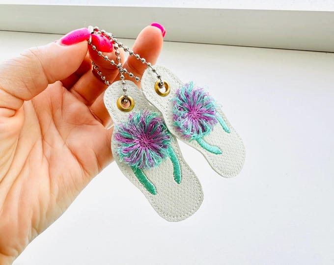 Fluffy Fringed Flip Flops Eyelet and Key Fob Snap Tab in the hoop machine embroidery designs ITH summer beach keychain tag kids gift idea