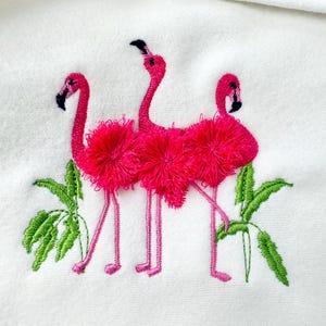 Mini Fringed fluffy Flamingo Trio 3 Flamingo bird machine embroidery designs small sizes for hoop 4x4 and 5x7 fringe fur chenille design