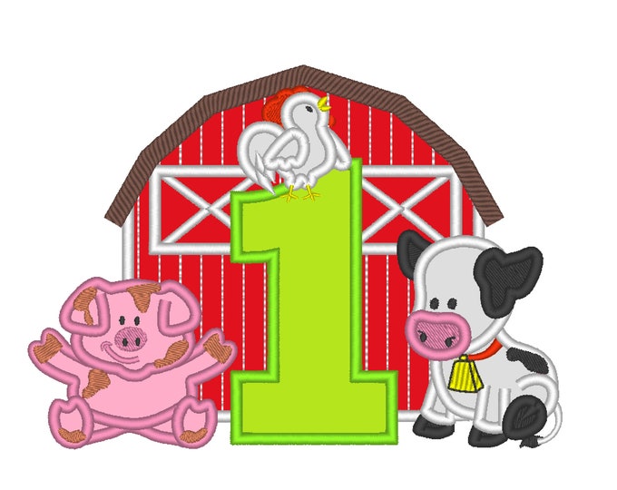 Farm Barn animals birthday number ONE 1 with barn cow pig rooster cute farm applique machine embroidery designs hoop 5x7, 6x10, 8x8, 8x12