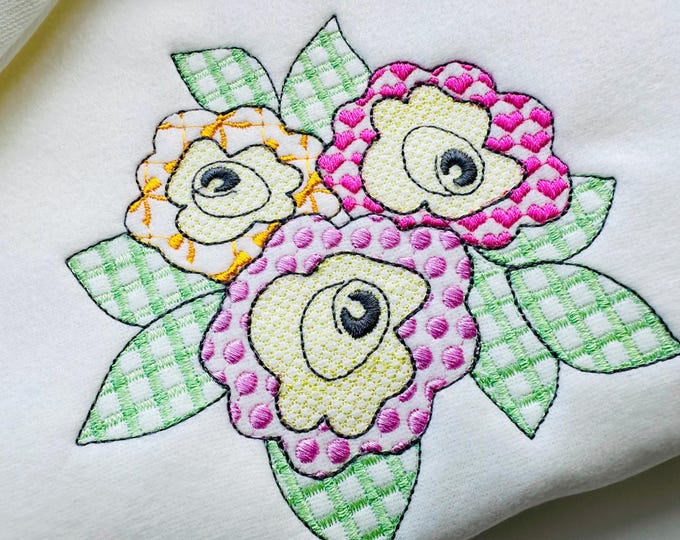 Patchwork Rose flower floral bouquet summer garden patterned outline machine embroidery designs sizes 4, 5, 6 inch farm folk Peony stem