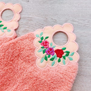 Roses rose flowers floral towel topper bath towel hanging hole In The Hoop machine embroidery designs ITH project towel hanger flower design