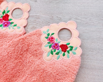 Roses rose flowers floral towel topper bath towel hanging hole In The Hoop machine embroidery designs ITH project towel hanger flower design