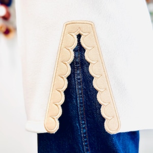 Maskinbroderimönster för barnflickor, t-shirt med sweatshirt, slits i sidosöm, utskärning med applikation med vågig kant