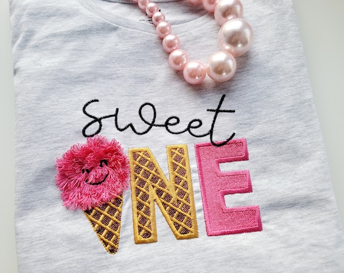 Sweet One written Birthday Number fringed Chenille fur Fluffy ice-cream ball number ONE machine embroidery designs baby outfit 5, 6, 7inches