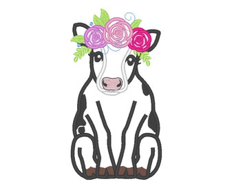 Little cow, cow applique face head with floral crown 3 roses bouquet machine embroidery applique designs  5, 6, 7 and 8 inches