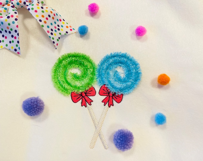 Fringed Lollipops birthday part sweet sugar candy machine embroidery designs for hoops 4x4, 5x7 fringe in the hoop ITH kids fluffy sweetie