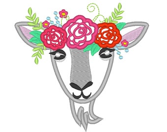 Goat face with shabby chick roses crown applique machine embroidery designs applique goat with flowers embroidery  goat head