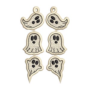 Spooky Ghosts in a row dangle earrings ITH in the hoop FSL freestanding lace machine embroidery design Halloween Ghost scary girls outfit