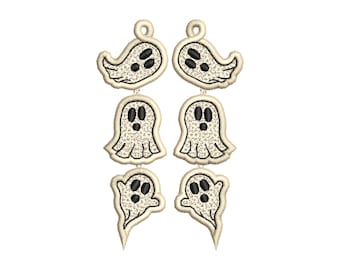 Spooky Ghosts in a row dangle earrings ITH in the hoop FSL freestanding lace machine embroidery design Halloween Ghost scary girls outfit