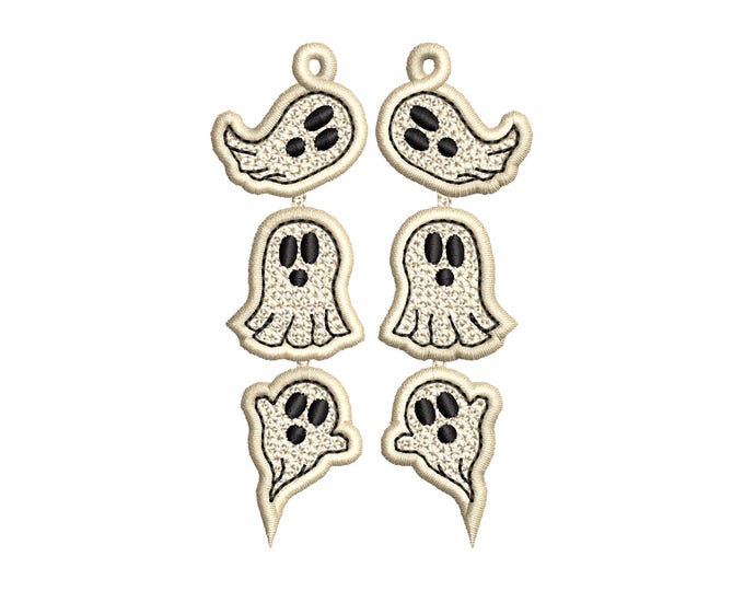 Spooky Ghosts in a row dangle earrings ITH in the hoop FSL freestanding lace machine embroidery design Halloween Ghost scary girls outfit