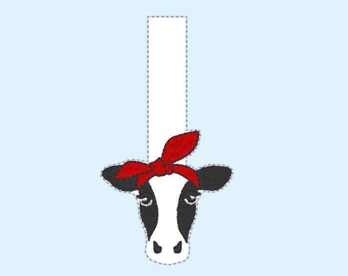 Heifer, cow in bandanna key fob, ITH key fob snap tab mini machine embroidery design, keyfob feltie in the hoop embroidery project cow head