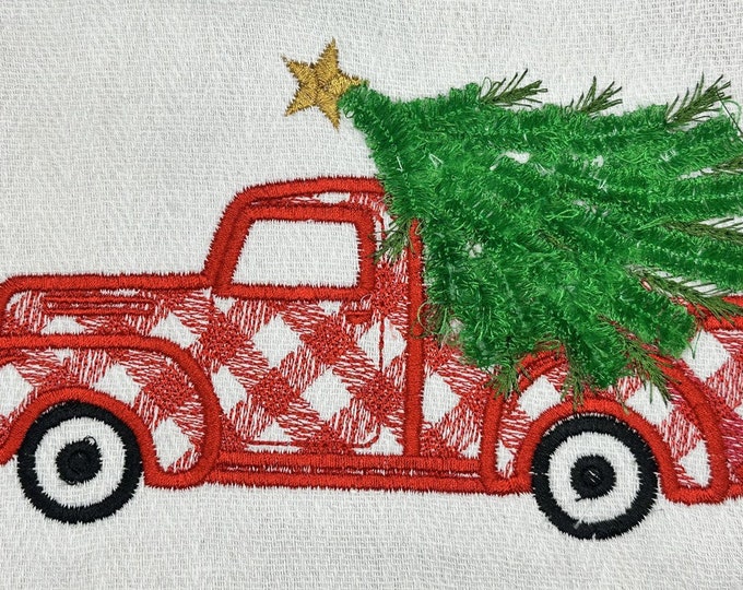 Truck vehicle gingham plaid Red Truck Fringed Christmas tree machine embroidery designs Fringe Fluffy Christmas for hoop 5x7 and 6x10 big