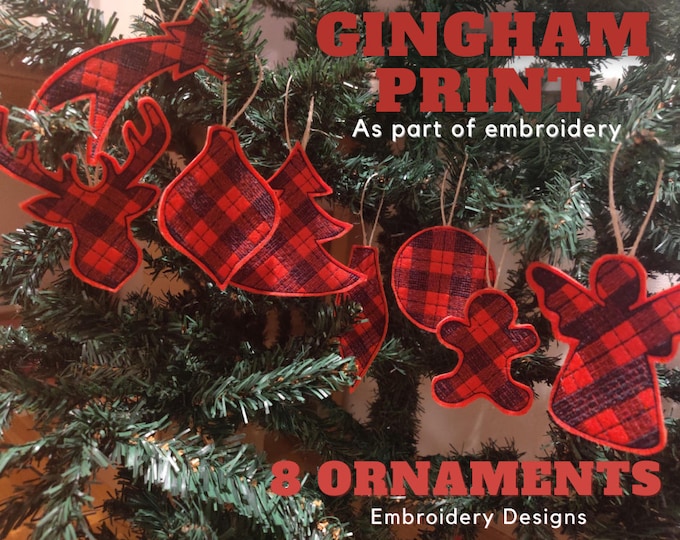 Tartan Plaid Gingham Christmas ornaments decoration Christmas tree 6 designs set hoop 4x4 5x7 8x8  instructions ITH felt easy project