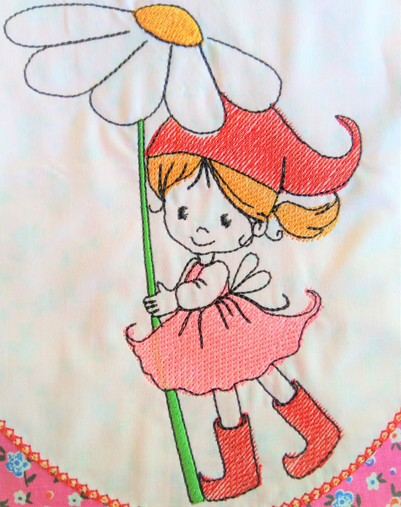 Little Girl Gnome With Flower Redwork Sketch Outline Baby Nursery Embroidery Design Quick Stitch Embroidery Designs 4x4 5x7