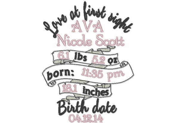 Birth Announcement embroidery template and mini font Set  / embroidery designs INSTANT DOWNLOAD Love at first sight