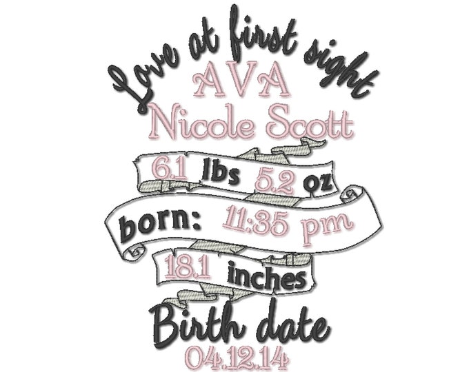 Birth Announcement embroidery template and mini font Set  / embroidery designs INSTANT DOWNLOAD Love at first sight