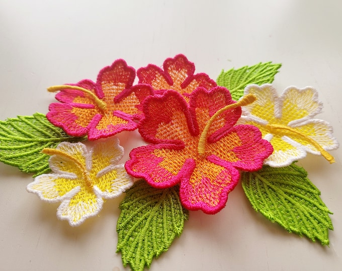 Hibiscus Encanto delicate lace Flower and Leaf machine embroidery designs in assorted mini sizes FSL freestanding lace SET of 2 girl bouquet