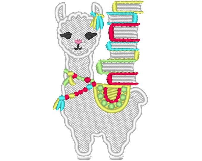 Llama with books fill stitch small embroidery design, Lama boho, tassel, llama, reading llama machine embroidery design