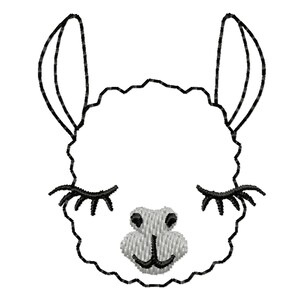 May include: A black and white line drawing of a llama's face with closed eyes and a small gray nose.