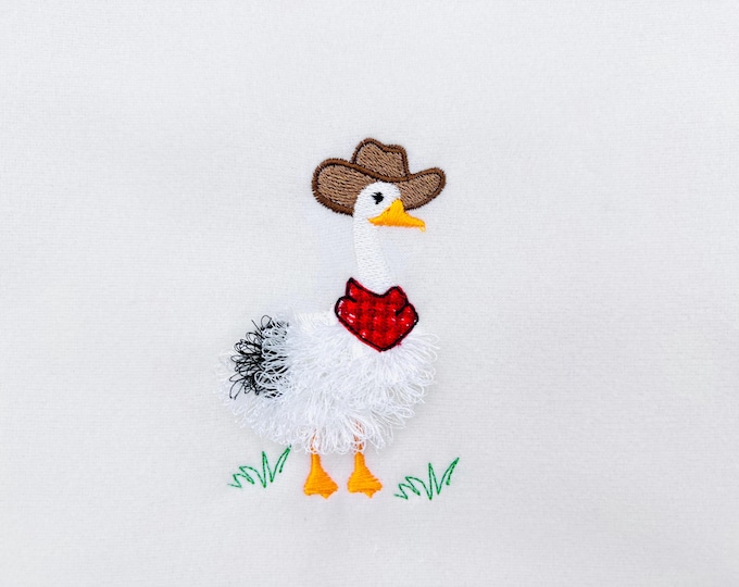 Fuzzy Fringed Goose with Cowboy hat and bandanna fluffy farm bird kids baby boys fringe machine embroidery designs sizes 3.5 up to 4.5 inch