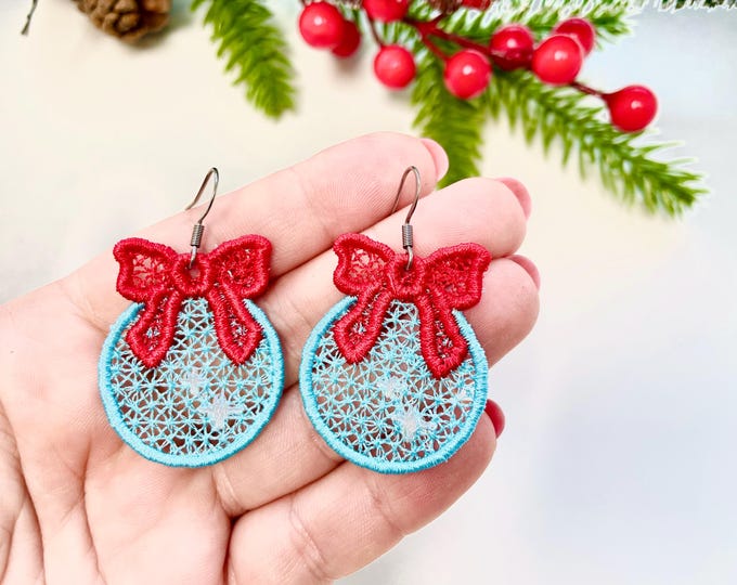Christmas Ornament with Bow Earrings Charm or gift tag FSL freestanding lace machine embroidery designs girls earrings simply in the hoop