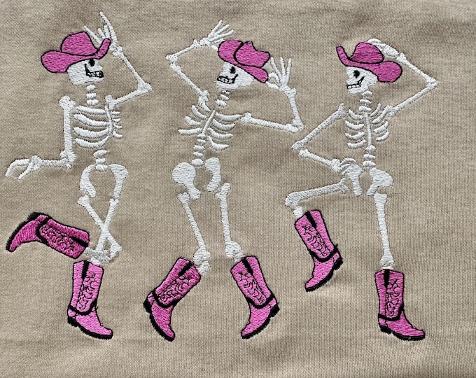 Dancing Skeletons Cowboy Hat Boots Cowgirl Skeleton girls Halloween machine embroidery designs sizes 7 up to 10 inches kids spooky design