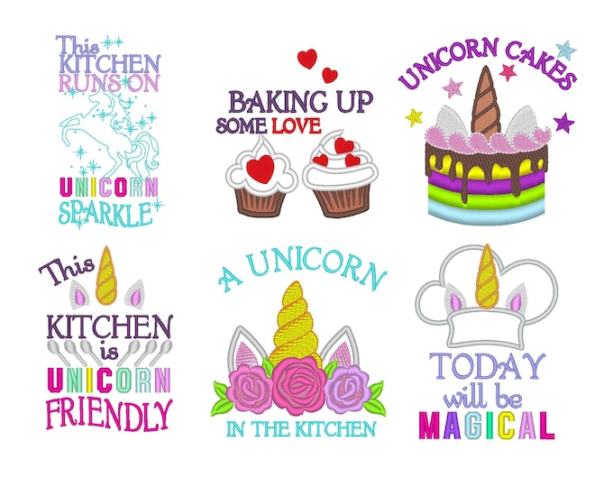 Unicorn sparkle Quote Saying SET of 6 kitchen dish towel baking Kids girls apron machine embroidery designs sizes for hoop 4x4 and 5x7