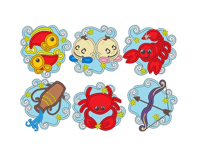 12 Astrology Zodiac Sign Applique SET of 12 machine embroidery designs kids girls boys baby sizes for hoop 4x4