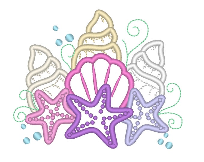 Mermaid Sea Unicorn seashells crown border bouquet, shell and star crown applique machine embroidery designs Summertime nautical, seaside