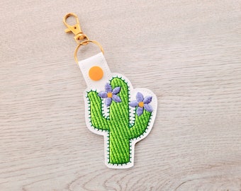 Cactus key fob in the hoop machine embroidery design ITH project cactus keyfob snap tab key tab keychain in the hoop floral flower cactus