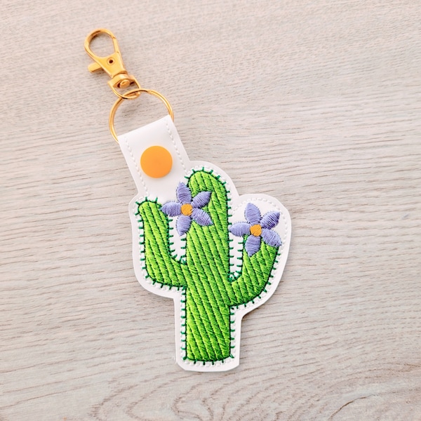 Cactus key fob in the hoop machine embroidery design ITH project cactus keyfob snap tab key tab keychain in the hoop floral flower cactus