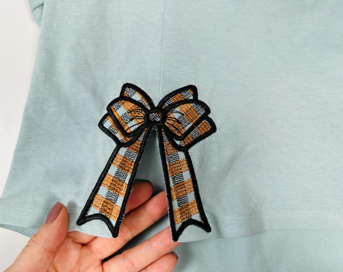 Lora Bow Gingham Checked plaid Christmas side bow machine embroidery designs split seam sweatshirt t-shirt coquette sizes 4 up to 8 inches