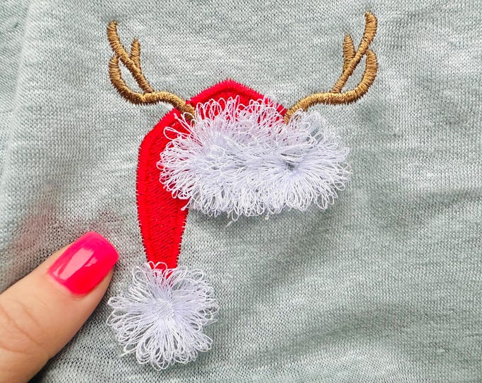 Fringed Fluffy Santa Hat and Deer Antlers Merry Christmas machine embroidery designs Decoration fringe chenille fur kids sizes 2.5 up to 4in