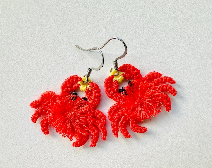 Fringed Crab cute fluffy tiny earrings or charm in the hoop FSL freestanding lace machine embroidery designs kids girls size approx 1.2 inch