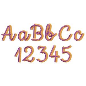 May include: A set of cursive letters and numbers in a light brown color with a purple outline. The letters are A, a, B, b, C, c. The numbers are 1, 2, 3, 4, 5.